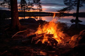 Camping on the shore of a lake at sunset in Finland, A wild campfire in a national park in Sweden, AI Generated