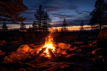 Camping fire in the forest at sunset. Beautiful winter landscape, A wild campfire in a national park in Sweden, AI Generated