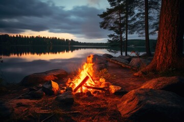 Camping on the shore of a lake at sunset with a fire in the foreground, A wild campfire in a national park in Sweden, AI Generated