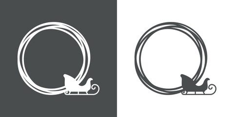 Tiempo de Navidad. Logo con marco circular con líneas con silueta de trineo de Santa para su uso en felicitaciones y tarjetas - obrazy, fototapety, plakaty