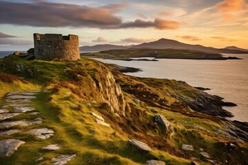 Dyrholaey Castle, Isle of Skye, Scotland, A viewpoint from Bray Head on Valentia Island in the Ring...