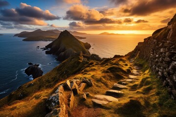 Sunset over St. John's Castle in Connemara, Ireland, A viewpoint from Bray Head on Valentia Island in the Ring of Kerry in the southwest coast of Ireland during an autumn, AI Generated