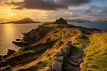 Beautiful sunset over the island of Mykines, Faroe Islands, A viewpoint from Bray Head on Valentia Island in the Ring of Kerry in the southwest coast of Ireland during an autumn, AI Generated