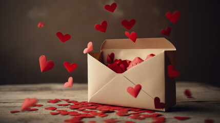 close up of an envelope and red levitating paper hearts, valentines day love letter