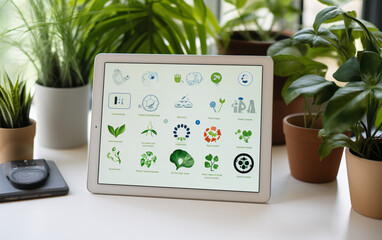 Tablet mockup screen with charts and graphs on table with house plants, eco friendly and sustainability concept