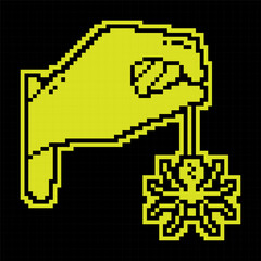 Obraz premium Pixel silhouette icon. Hand of sorceress holds huge spider on web. Halloween. Magic and witchcraft, rituals. Simple black and yellow vector isolated