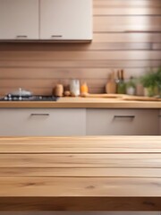Wooden table on blurred kitchen bench background. Empty wooden table and blurred kitchen background
