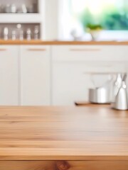 Wooden table on blurred kitchen bench background. Empty wooden table and blurred kitchen background
