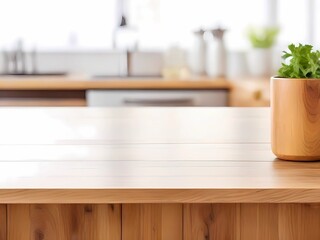 Wooden table on blurred kitchen bench background. Empty wooden table and blurred kitchen background
