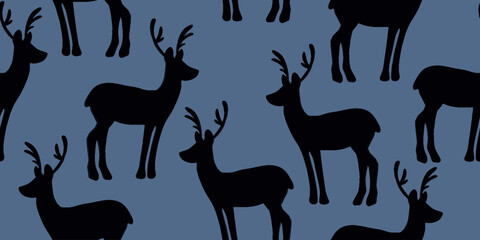 Seamless pattern of decorative  reindeer. Hand drawn holiday symbol, deer silhouette. 