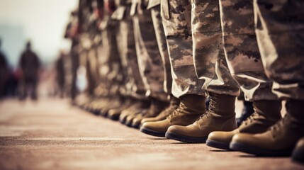 Army soldiers in a military formation, lined up in neat rows