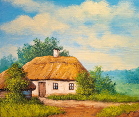 Fototapeta na wymiar Oil paintings rural landscape, rural house in spring, old house in the village. Artwork, fine art