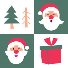 Alternating texture pattern. Set of Christmas attributes. Seamless pattern with a set of Santa Clauses. Vector illustration in flat style. Graphic image of a gift, Christmas tree.