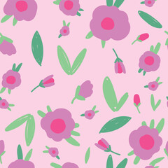 Seamless pattern with pink flowers and leaves on pink background. vector illustration. Texture for fabric, packaging, textiles, wallpaper, clothing.
