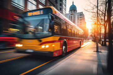 Urban Speed: City Bus in Motion on Busy Street - obrazy, fototapety, plakaty