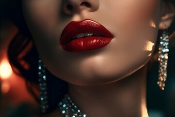 Woman red lips diamond. Female portrait luxury lips color elegance. Generate Ai