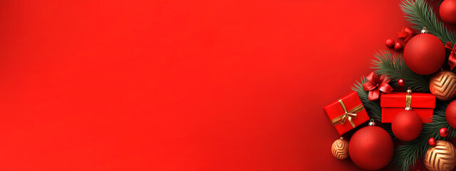 Merry Christmas, festive celebration holiday holidays greeting card banner long - Red gold ornaments christmas baubles and balls red table texture background, top view flat lay