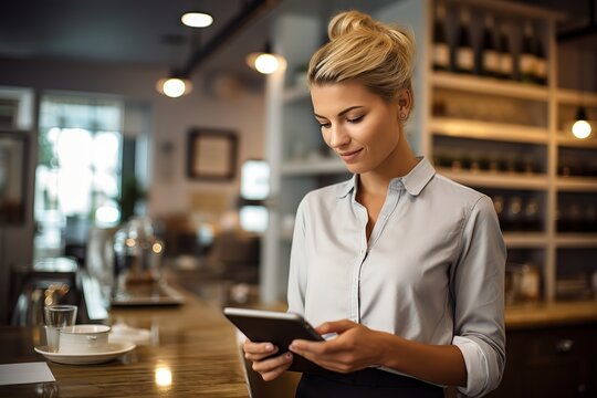 Coffee shop manager using a tablet at work