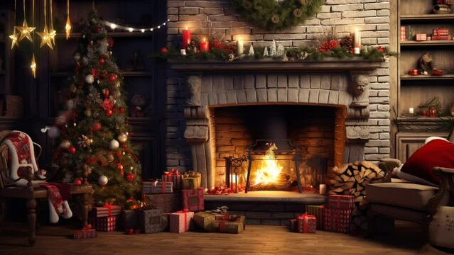 Christmas decorated fireplace, christmas tree . Seamless looping time-lapse video background animation. Generated with AI