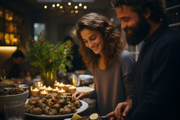 Couple enjoys traditional Hanukkah dishes. - obrazy, fototapety, plakaty