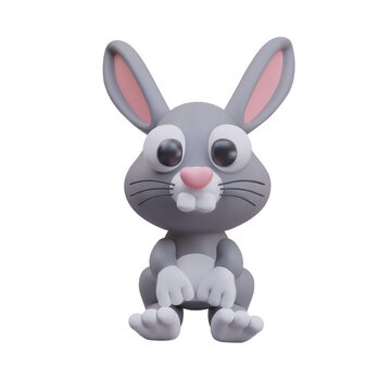 Realistic cute rabbit model on white background. Chinese zodiac symbol. Cartoon toy for store for children. Vector illustration in 3D style in gray colors