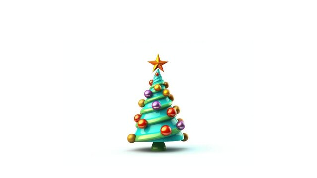 Animated 3D render illustration of cartoon Christmas tree with red ornament balls and golden star. Holiday banner template