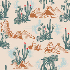 Western Desert Cactus Mountains Vector Seamless Pattern Design, Seamless pattern vector summer cactus on desert, summer tropical pattern background with cactuses, surface textures, textile. Isolated o - obrazy, fototapety, plakaty