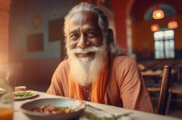 Yoga guru brahman indian on dinner table. God male saint ascetic. Generate Ai - obrazy, fototapety, plakaty