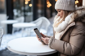 Fototapeta premium Female freelancer using smartphone in a cafe, winter background with blurred garland lights, holiday decoration