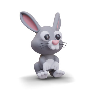 Side view on realistic cute rabbit. Toy for children or online game. Rabbit for Easter day. Chinese zodiac symbol. Vector illustration in 3D style with shadow