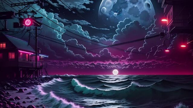 Futuristic seascape animation, night panorama with a big planet on the horizon. Clouds, neon lights and seascape. AI generated animation with transformations