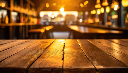 Close-up of an empty old wooden table top for products display, inside a blurry bar or restaurant. Diminishing perspective inside a rustic room with the lights on.