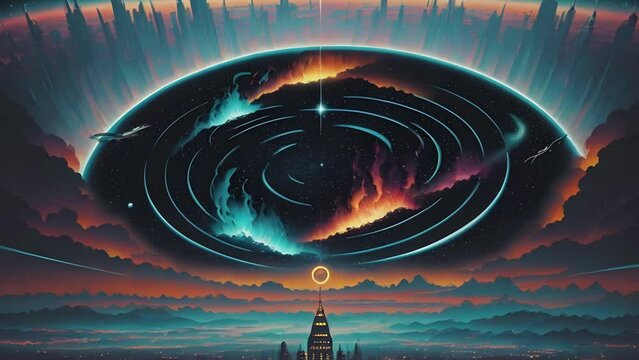 Futuristic cosmic animation with deep space, galaxy, bright universe. Bright cosmic animation with illustrations transformations, music visualization concept. AI generated video