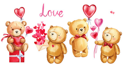 Valentines Day Teddy bear with heart, balloon and envelope. Watercolor illustration isolated white background. Love set