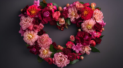 top view of heart-shaped flower arrangement, valentines day, anniversary, birthday, Mother's day or women's day celebration