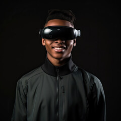 Portrait of a young man wearing an extended reality, xr, headset isolated against a black background. Shoot on the theme of augmented reality, virtual reality and mixed reality