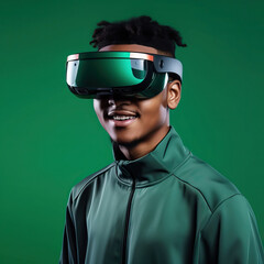 Portrait of a young man wearing an extended reality, xr, headset isolated against a modern green background. Shoot on the theme of augmented reality, virtual reality and mixed reality