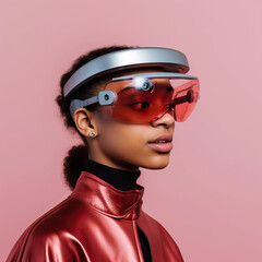 Side profile portrait of a black woman wearing an extended reality, xr, headset isolated against a modern pink background. Shoot on the theme of augmented reality, virtual reality and mixed reality