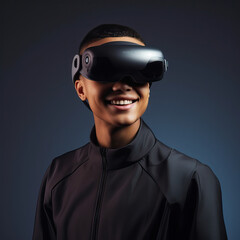 Portrait of a young man wearing an extended reality, xr, headset isolated against a modern dark blue background. Shoot on the theme of augmented reality, virtual reality and mixed reality