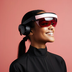 Side profile portrait of a black woman wearing an extended reality, xr, headset isolated against a modern coral background. Shoot on the theme of augmented reality, virtual reality and mixed reality