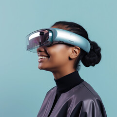 Side profile portrait of a black woman wearing an extended reality, xr, headset isolated against a modern blue background. Shoot on the theme of augmented reality, virtual reality and mixed reality
