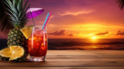 fruit rum cocktail drink tropical illustration ice glass, alcohol beverage, food summer fruit rum cocktail drink tropical - Powered by Adobe