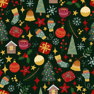Christmas background with Christmas tree, seamless pattern. Perfectly for wrapping paper, textile, card.
