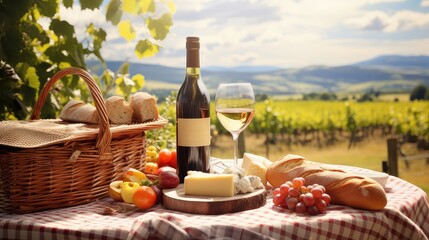alcohol gourmet wine drink outdoor vineyard picnic illustration beverage table, summer lunch,...