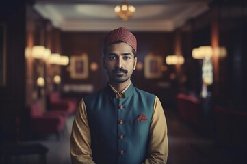 Fototapeta na wymiar Charming indian hotel staff photo. Luxury adult service portrait. Generate Ai