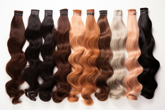 Multicolor human hair extension bundles collection. AI generated
