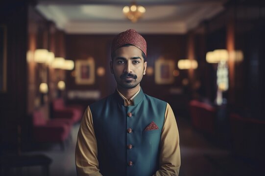 Charming indian hotel staff photo. Luxury adult service portrait. Generate Ai