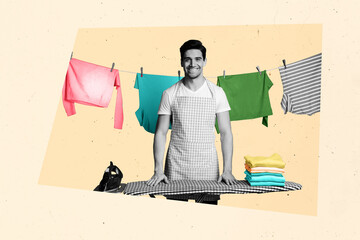 Composite collage image of man iron clothes doing laundry washing cleaning tidy unusual fantasy...