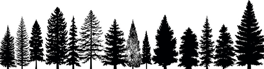 Fir trees silhouettes set on transparent background. Coniferous spruce in a horizontal arrangement. Generative AI - obrazy, fototapety, plakaty