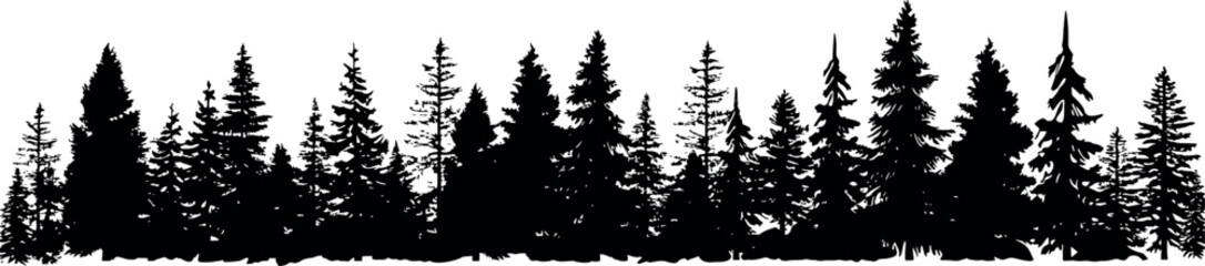 Obraz premium A horizontal set of silhouettes depicting coniferous fir trees on a transparent background, showcasing their distinctive spruce-like appearance. Generative AI